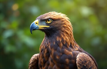 Fototapeta premium Golden eagle bird of prey looks intently. Majestic raptor with intense eyes and sharp beak poses against blurred green nature background. Wildlife predator stands.