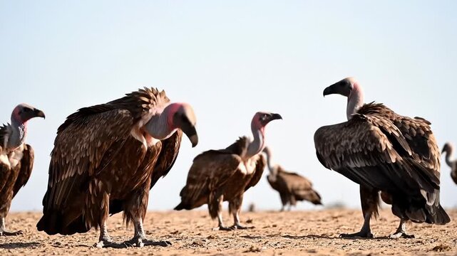 Griffon Vultures Standing and Spreading Wings on the Ground, Bird of Prey