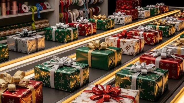 Christmas Presents on Conveyor Belt, Gift Wrapping Station, Holiday Season