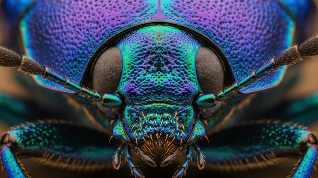 Extreme Macro Shot of Iridescent Blue Green Beetle Face, Detailed Texture, Antennae