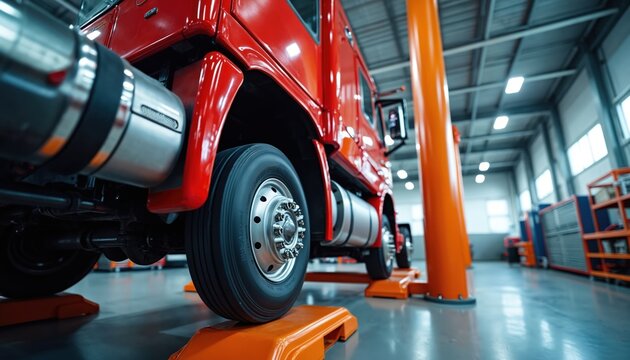 Red truck elevated on service lift in modern repair bay. Mechanic maintenance, parts check, chassis inspection for vehicle upkeep. Heavy duty transport vehicle service.