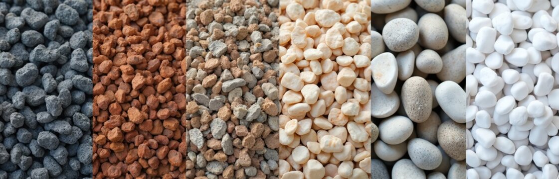 Collection of decorative pebbles and stones in different sizes colors and textures. Close up view of grey black red beige white gravel and aggregate materials. Garden design and landscaping elements.