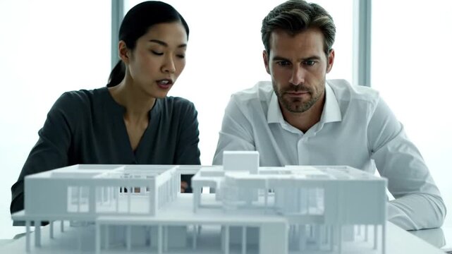 Two focused architects, a man and a woman, collaborate intently over a detailed white architectural model of a modern home, discussing and pointing out structural details.