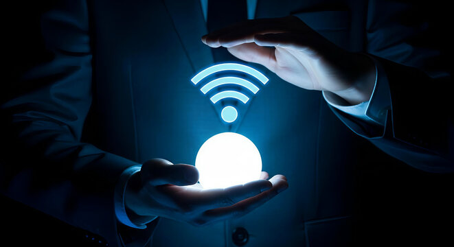 Businessman holding glowing wifi symbol in dark environment, concept of wireless technology and connectivity - Powered by Adobe