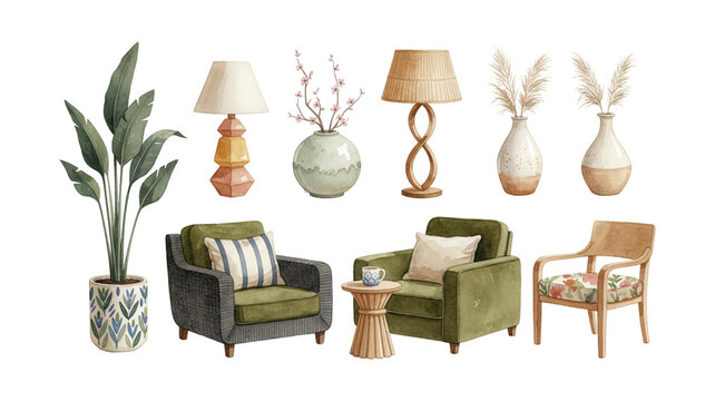 Collection of Elegant Home Decor Items and Furniture for Interior Design Including Chairs Lamps Plants and Vases