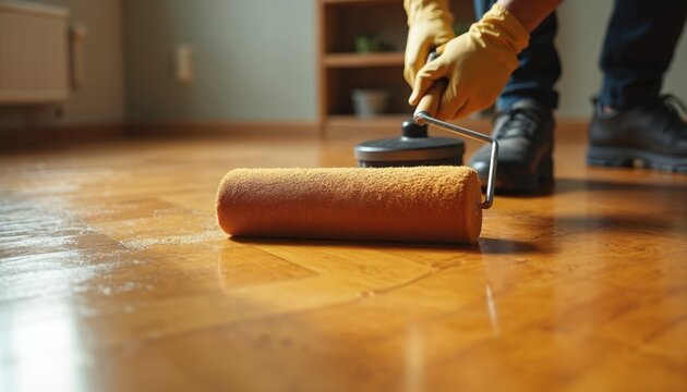 Worker with gloves applies new varnish coat on wooden parquet floor using roller. Refurbishing interior space with protective lacquer finish, home improvement job.