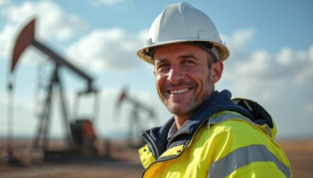 Male engineer smiles wearing hard hat and safety jacket at oil field with pump jacks visible. He works in energy production, natural resource extraction outdoors.