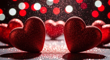 Fototapeta premium Sparkling red hearts with bokeh lights, romantic dark background, shallow depth of field