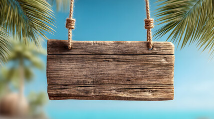 Rustic wooden sign hanging from palm trees on sunny beach © li ying