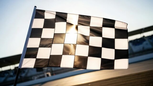 Waving checkered flag at sunset, symbolizing victory and racing.