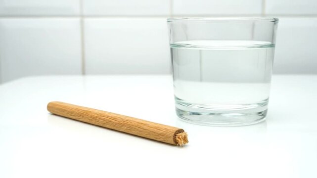 A static video showing a glass of clear water next to a wooden stick (Miswak) on a bright white surface against a white tiled background for the duration of the clip.