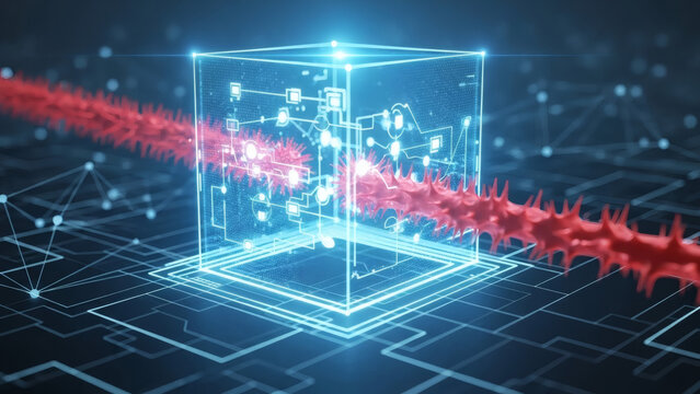 3D visualization of a digital cube with a virus or malicious code penetrating its security system, symbolizing cyber threat and data breach in technology and cybersecurity
