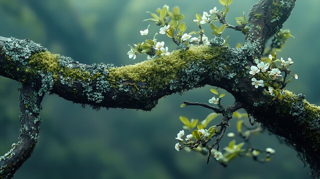 Close up of a moss covered tree branch with small white flowers and green foliage