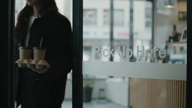 People repeatedly enter and exit a modern establishment marked "Pick Up Here" on the glass door, suggesting customer flow and service interaction, possibly involving beverage pickup.