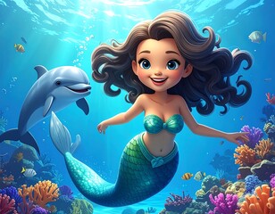 Cartoon Mermaid And Dolphin