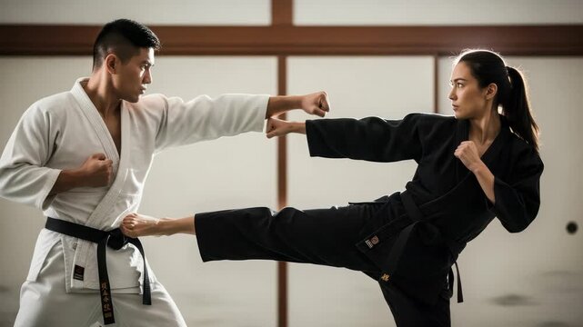 Martial Arts Training: Woman Kicks Man in Karate Sparring Session