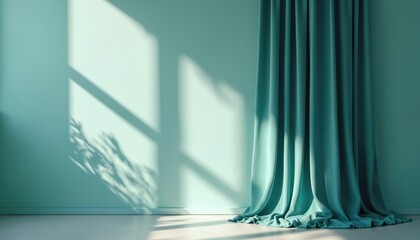 Naklejka premium Minimalist room with turquoise curtains casting soft shadows. Light falls from window creating geometric patterns on wall and floor. Clean backdrop for product display.