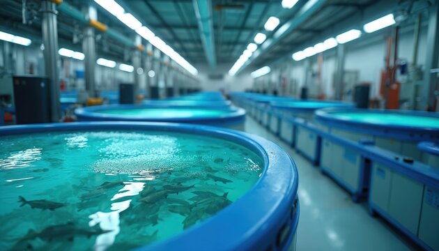 Modern indoor fish farm with rows of circular tanks. Fish swim in clean blue water under bright artificial lights. Automated systems ensure optimal growth conditions for aquaculture.