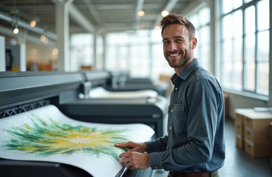 Male operator checks big format printout on industrial plotter machine. Worker inspects colorful artwork output at modern print shop. Business owner smiles at camera.