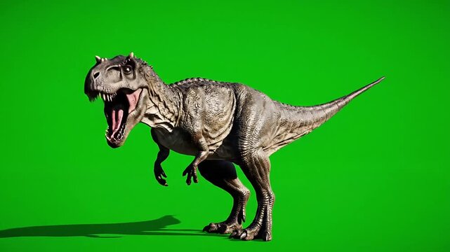 Allosaurus dinosaur roaring on green screen, 3D render animation, prehistoric creature, isolated on chroma key background