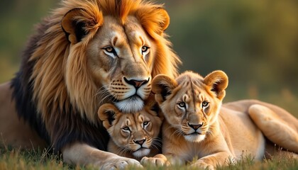 Fototapeta premium Majestic lion father watches over his loving lioness mate and two playful cubs resting in warm grass. Gentle family bond shows tenderness and care in wild nature habitat.