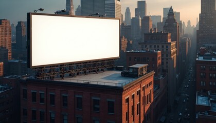 Obraz premium New York City skyline with large blank billboard on building rooftop. Busy street below, skyscrapers reach towards the sky. Evening light casts long shadows across the urban landscape.