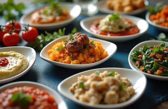 Table laden with various Turkish and Greek meze dishes. Hummus, saksuka, salads, and meatballs served in white bowls. Fresh tomatoes and herbs garnish the spread.