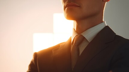 Professional businessman in formal suit standing confidently with arms crossed, glowing sunlight in background creating a sophisticated atmosphere