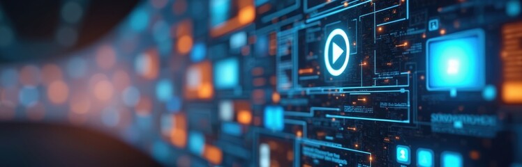 Fototapeta premium Digital interface displays video playback symbol and multiple data streams. Information flows through abstract tech grid with glowing nodes. Futuristic screen shows analytics and connectivity.