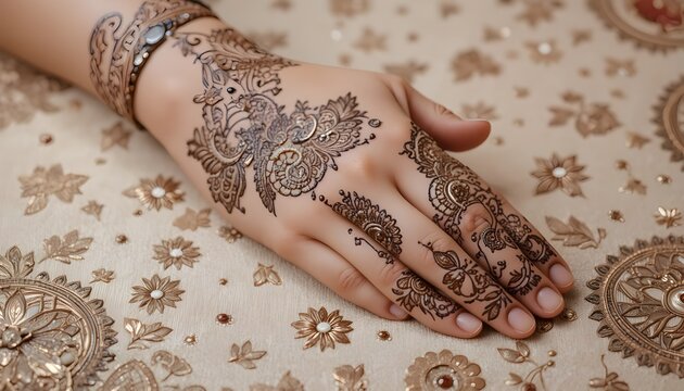 &ldquo;Modern hand mehndi design with geometric and floral fusion, neat fingertips filled, pastel background, soft daylight, trendy and elegant look, ultra-clear focus.&rdquo;
