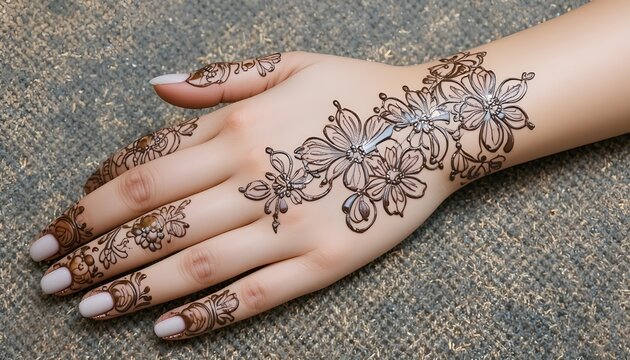 &ldquo;Traditional hand mehndi with Arabic-style patterns, clean bold lines, minimal shading, hands resting on embroidered fabric, warm tones, aesthetic composition, realistic photography.&rdquo;
