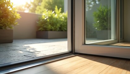 Fototapeta premium Open aluminum sliding door reveals wooden floor and patio with potted plants. Bright sunlight streams onto the modern terrace. Seamless indoor outdoor living space.