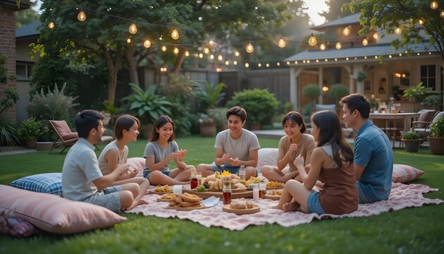 &ldquo;A joyful cousin gathering in a cozy home courtyard, cousins of different ages laughing together, fairy lights hanging above, colorful cushions, tea cups and snacks on a low table, candid moments, war