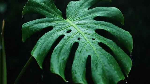 A vivid close-up captures a lush green Monstera leaf being continuously showered by rain, glistening with water droplets against a moody, dark background over the 8-second sequence.