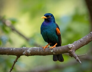 Obraz premium Superb starling sits on tree branch. This colorful bird has iridescent blue green feathers and orange wing patches. It looks alert and is found in its natural habitat.