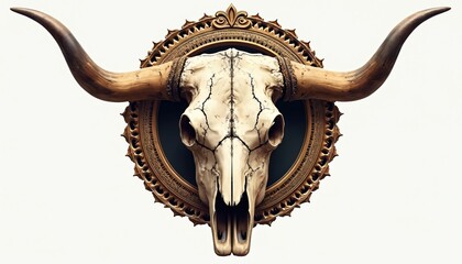 Ornate framed cow skull art features cracked bone texture, long curving horns against dark background with ornate golden rim detail. Western decor element presents rustic yet sophisticated aesthetic