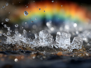 Fototapeta premium Ice cubes splashing in water with rainbow background