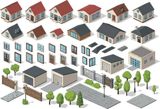 Isometric house elements and outdoor details for architectural compositions
