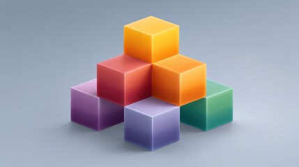 Fototapeta premium Colorful translucent cubes arranged in a pyramid shape against a soft gray background embodying modern design and creativity in abstract art