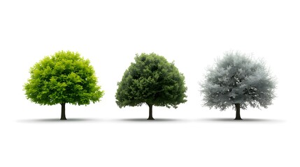 Obraz premium Three large trees seasonal growth stages minimalist white background nature lifecycle spring summer autumn monochrome