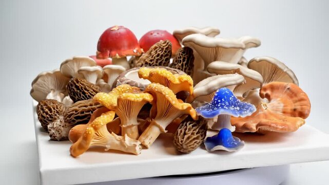 Close Up Assortment of Edible Mushrooms on White Platform, Still Life
