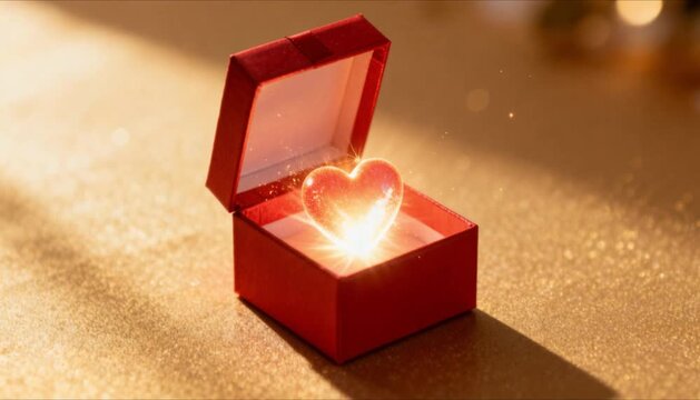 Red gift box opening with glowing heart light burst for valentines day