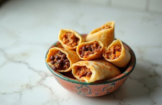 Closeup of Mexican gorditas served in decorative bowl. Corn masa pockets stuffed with savory meat and bean filling. Traditional cuisine appetizer, street food.