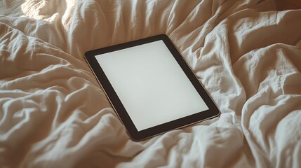 Tablet on a messy bed with soft blankets.
