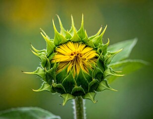 A close-up of a sunflower head with green petals and yellow center
