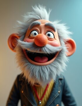 Joyful puppet character with grey beard and orange nose. This elder man has wild hair, big smile, and wears a denim jacket. He looks like a friendly cartoon.