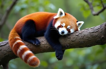 Fototapeta premium Fluffy red panda naps on tree branch. Small mammal with bushy striped tail rests peacefully. Cute animal sleeps in green nature park. Wildlife scenery.