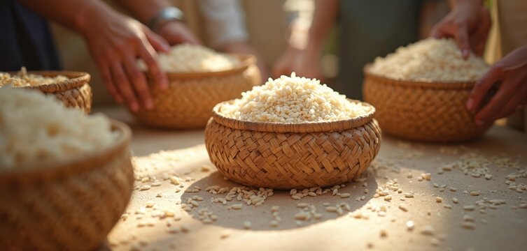 Woven baskets hold white rice grains. People hands arrange donations for needy. Charitable giving zakaat al-fitr food distribution. Islamic culture supports helping poor communities with staple food.