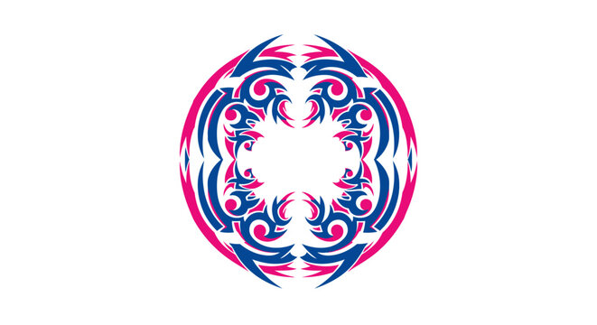 Intricate circular tribal tattoo design with symmetrical blue and pink patterns
