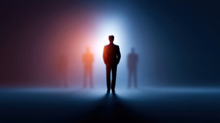 Obraz premium Mysterious Businessman Standing Confidently in Dark Environment with Silhouettes of Colleagues in Background and Dramatic Lighting Effects